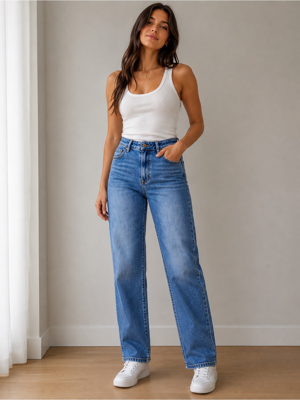 High-Rise Straight Leg Jeans in Medium Blue - Hidden Brand